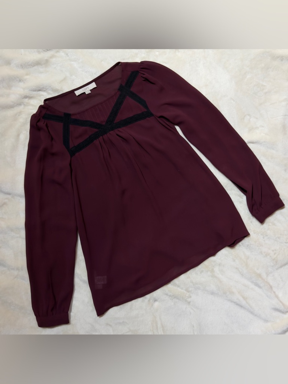 LOFT Burgundy Long-Sleeve Blouse with Black Lace Yoke